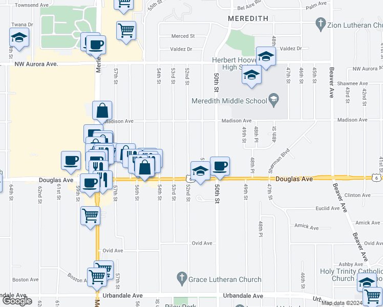 map of restaurants, bars, coffee shops, grocery stores, and more near 3845 52nd St in Des Moines