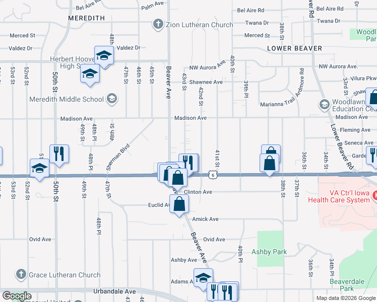 map of restaurants, bars, coffee shops, grocery stores, and more near 3839 43rd Street in Des Moines