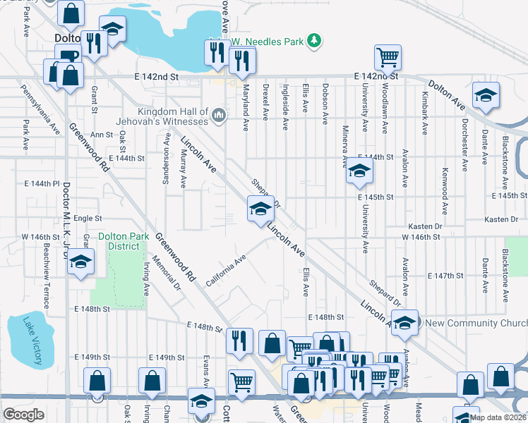 map of restaurants, bars, coffee shops, grocery stores, and more near 14509 Lincoln Avenue in Dolton