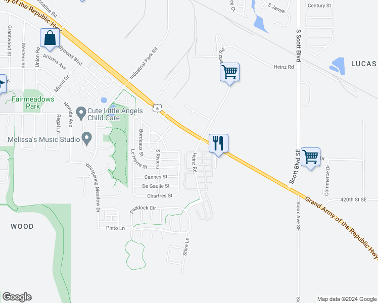 map of restaurants, bars, coffee shops, grocery stores, and more near 2645 Heinz Road in Iowa City