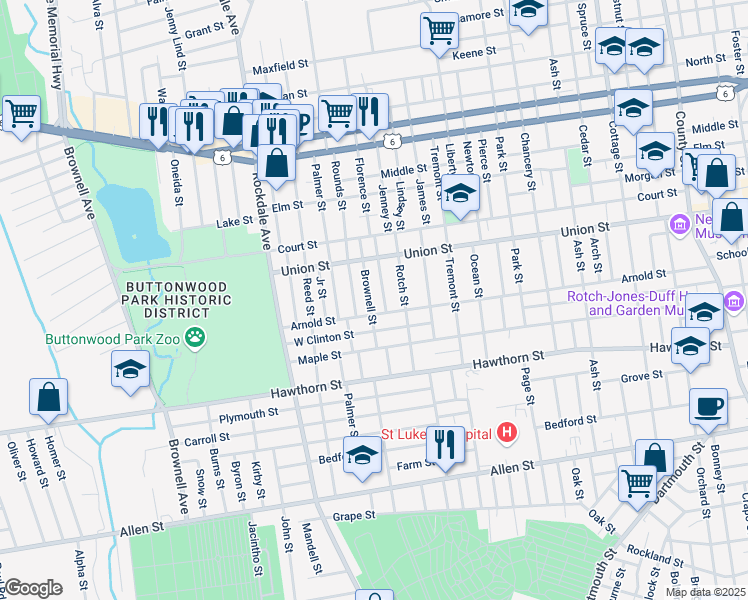 map of restaurants, bars, coffee shops, grocery stores, and more near 200 Brownell Street in New Bedford