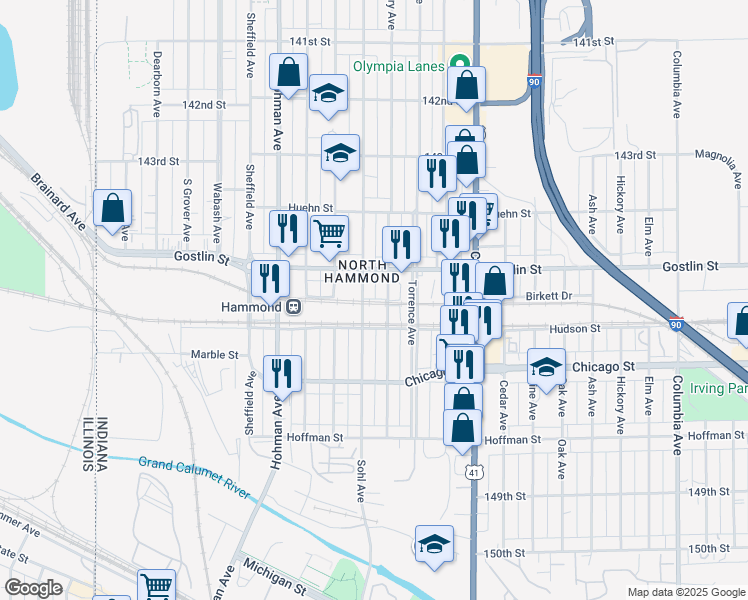 map of restaurants, bars, coffee shops, grocery stores, and more near 4527 Johnson Avenue in Hammond