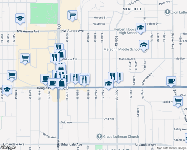 map of restaurants, bars, coffee shops, grocery stores, and more near 3848 53rd St in Des Moines