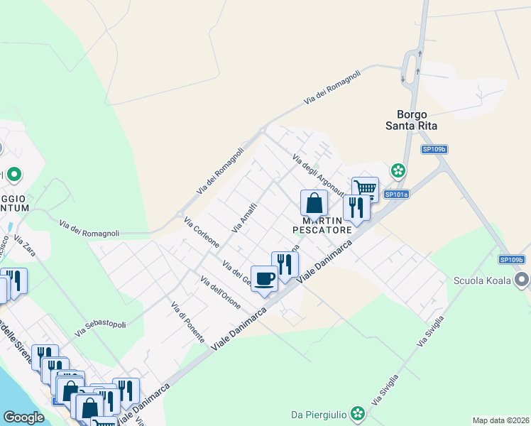 map of restaurants, bars, coffee shops, grocery stores, and more near 5 Via Chianciano in Torvaianica
