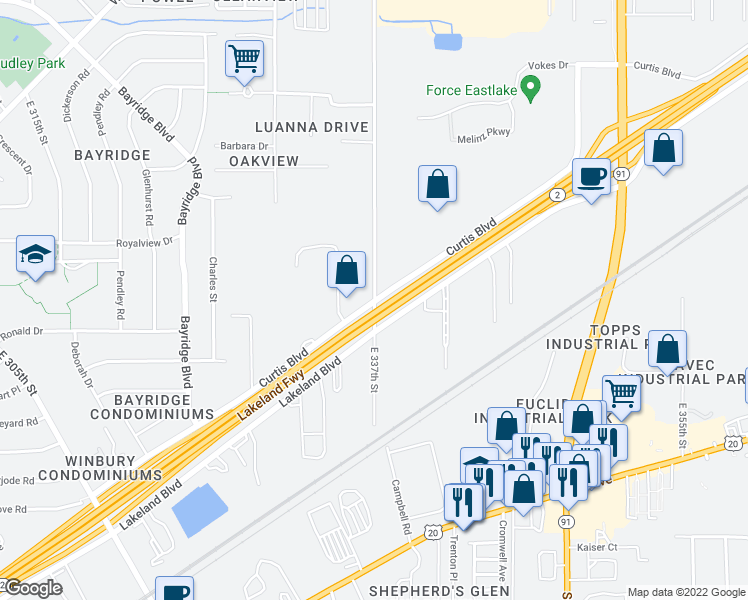 map of restaurants, bars, coffee shops, grocery stores, and more near 33525 Curtis Boulevard in Eastlake