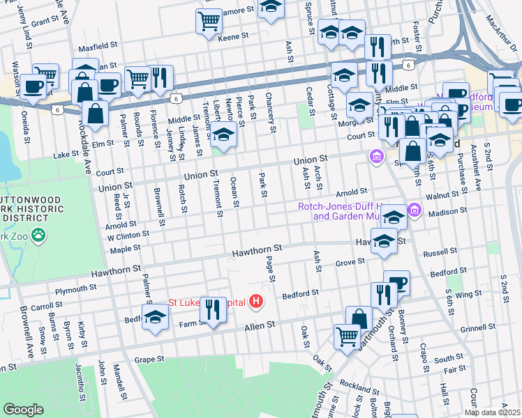 map of restaurants, bars, coffee shops, grocery stores, and more near 224 Arnold Street in New Bedford