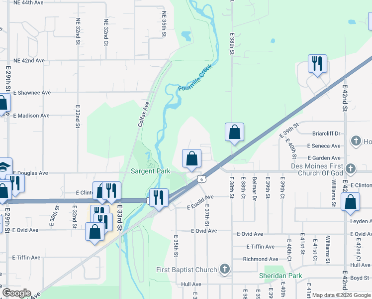 map of restaurants, bars, coffee shops, grocery stores, and more near 3600 Kennedy Drive in Des Moines
