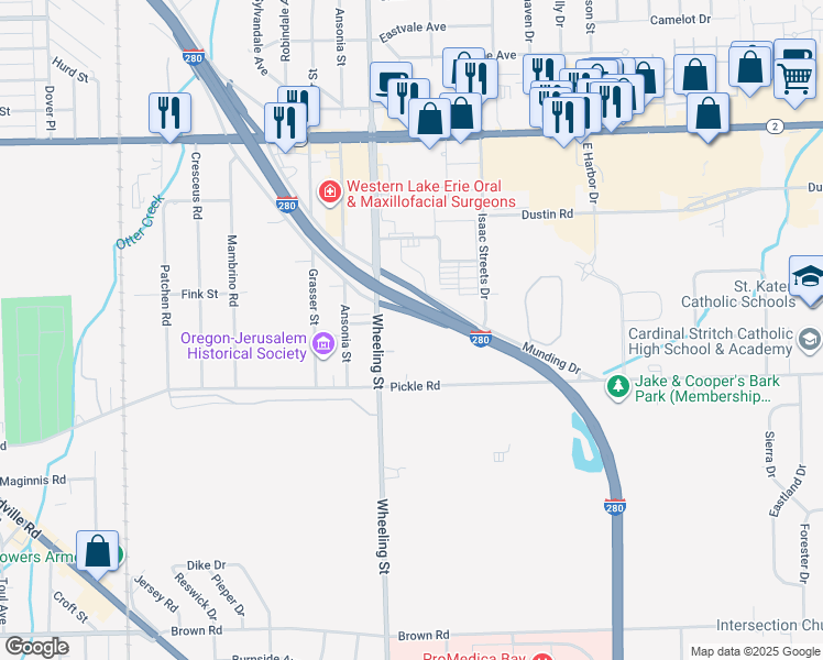 map of restaurants, bars, coffee shops, grocery stores, and more near 1103 South Wheeling Street in Oregon