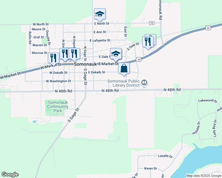 map of restaurants, bars, coffee shops, grocery stores, and more near 420 East Lasalle Street in Somonauk