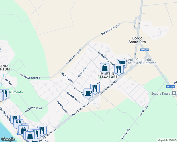 map of restaurants, bars, coffee shops, grocery stores, and more near 5 Via Chianciano in Torvaianica