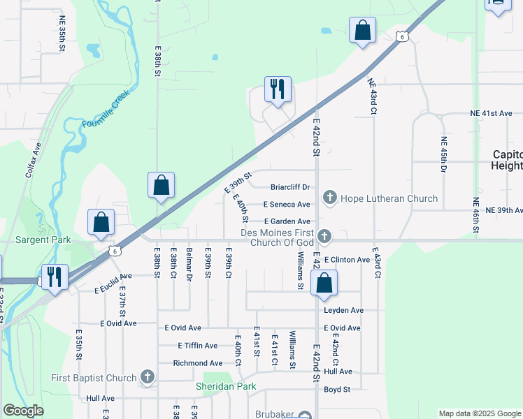 map of restaurants, bars, coffee shops, grocery stores, and more near 4019 East Seneca Avenue in Des Moines
