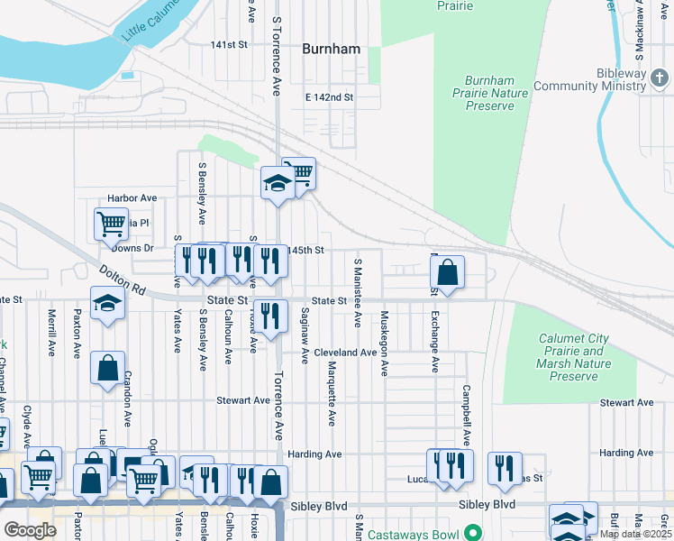 map of restaurants, bars, coffee shops, grocery stores, and more near 14523 South Marquette Avenue in Burnham