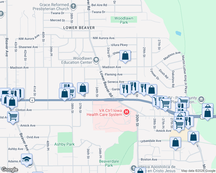 map of restaurants, bars, coffee shops, grocery stores, and more near 3843 Lower Beaver Road in Des Moines