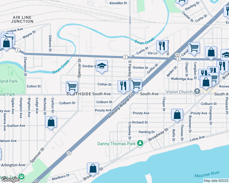 map of restaurants, bars, coffee shops, grocery stores, and more near 1156 South Avenue in Toledo