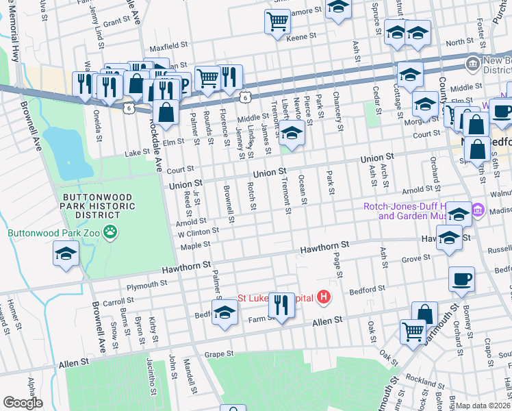 map of restaurants, bars, coffee shops, grocery stores, and more near 82 Rotch Street in New Bedford