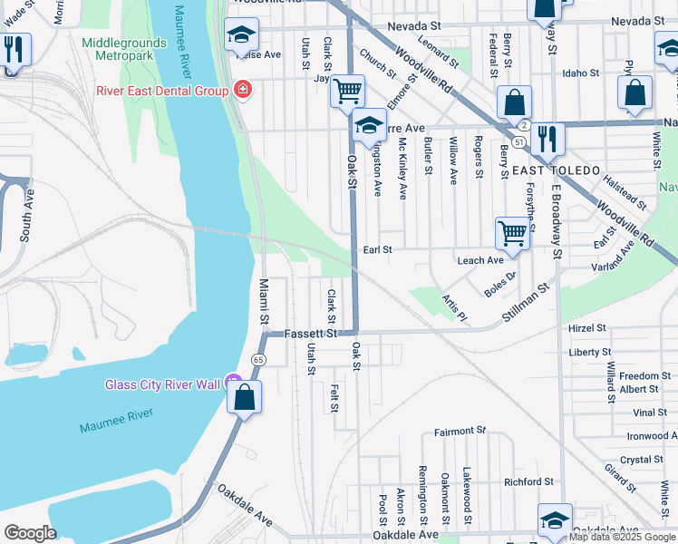 map of restaurants, bars, coffee shops, grocery stores, and more near 305 Wilmot Street in Toledo