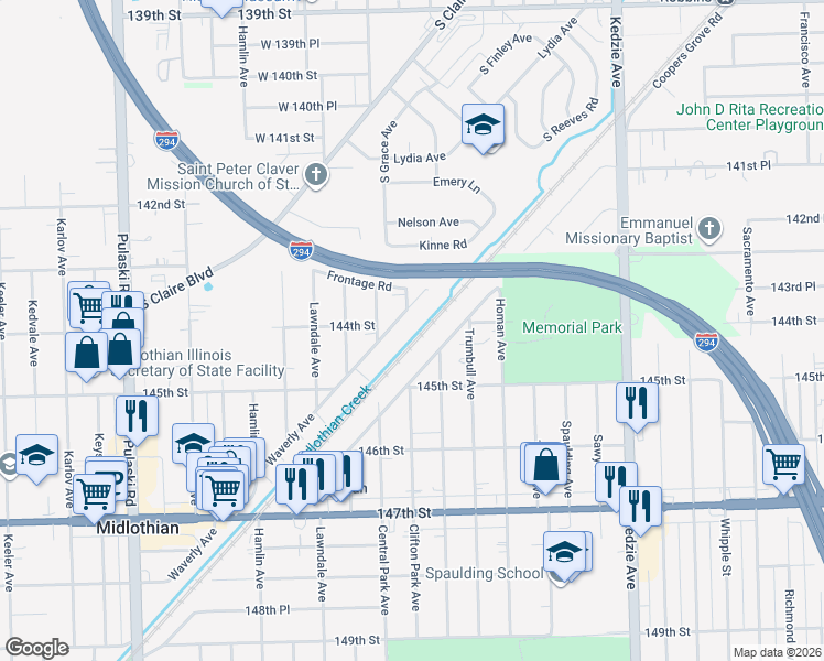 map of restaurants, bars, coffee shops, grocery stores, and more near 14379 Waverly Avenue in Midlothian