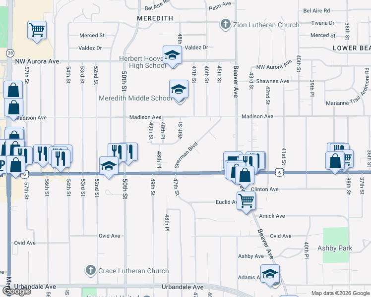 map of restaurants, bars, coffee shops, grocery stores, and more near 3840 Sherman Boulevard in Des Moines