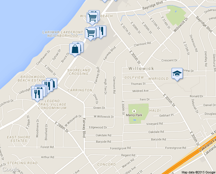 map of restaurants, bars, coffee shops, grocery stores, and more near 369 High Tee Drive in Willowick