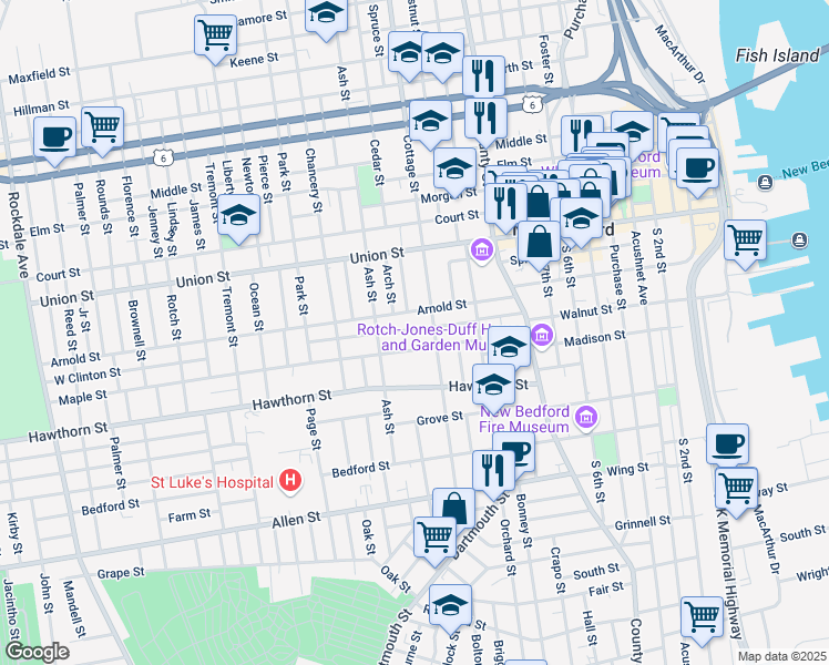 map of restaurants, bars, coffee shops, grocery stores, and more near 110 East Clinton Street in New Bedford