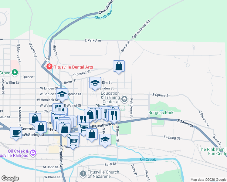 map of restaurants, bars, coffee shops, grocery stores, and more near 47208 East Spruce Street in Titusville