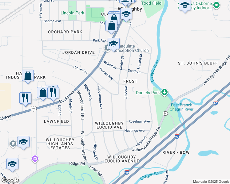 map of restaurants, bars, coffee shops, grocery stores, and more near 4639 Center Street in Willoughby