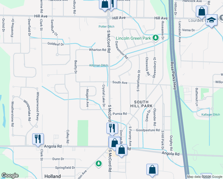 map of restaurants, bars, coffee shops, grocery stores, and more near 529 S Mc Cord Rd in Holland