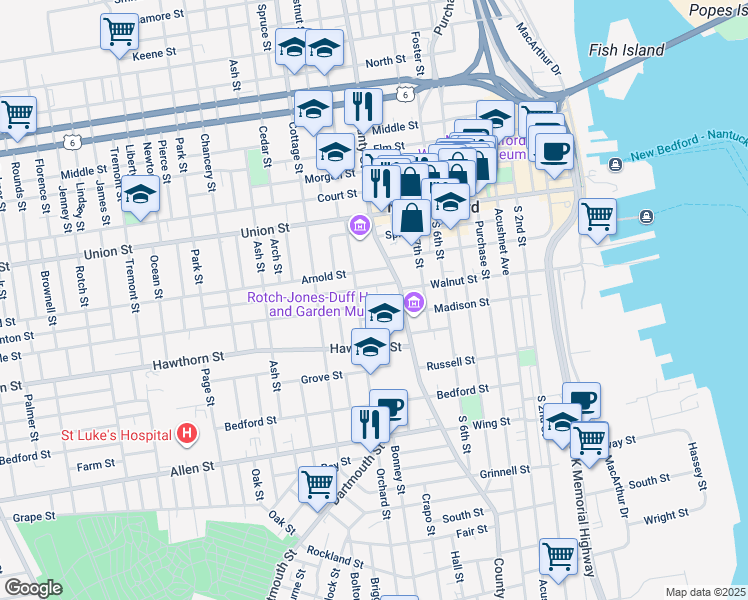 map of restaurants, bars, coffee shops, grocery stores, and more near 5 Clinton Place in New Bedford