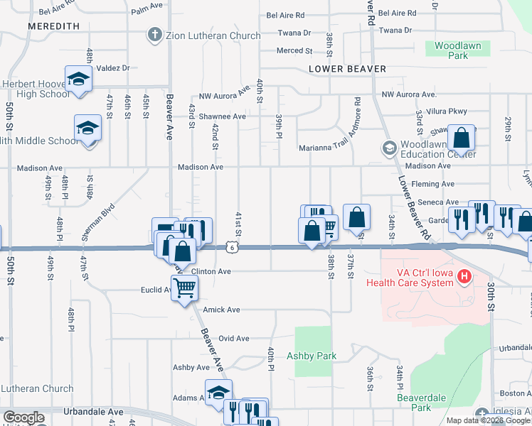 map of restaurants, bars, coffee shops, grocery stores, and more near 3844 40th Street in Des Moines