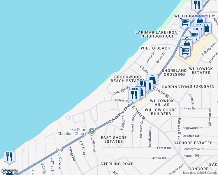 map of restaurants, bars, coffee shops, grocery stores, and more near 28600 Cresthaven Dr in Willowick