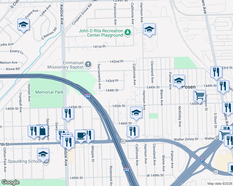 map of restaurants, bars, coffee shops, grocery stores, and more near 2841 144th Street in Blue Island