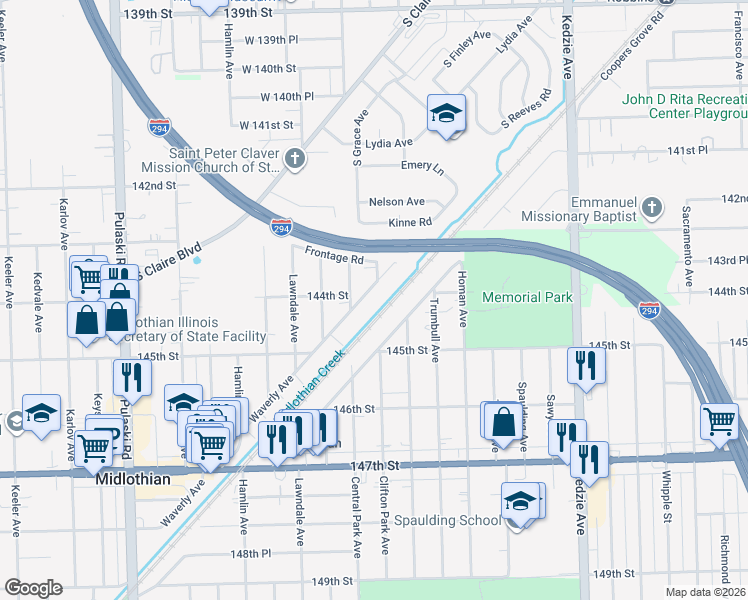 map of restaurants, bars, coffee shops, grocery stores, and more near 14379 Waverly Avenue in Midlothian