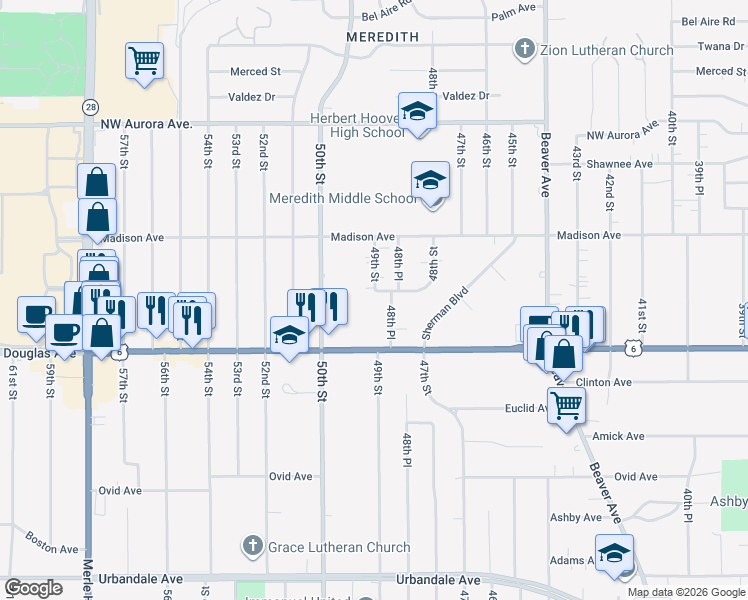 map of restaurants, bars, coffee shops, grocery stores, and more near 4900 Seneca Avenue in Des Moines