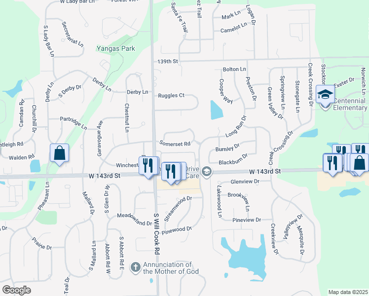 map of restaurants, bars, coffee shops, grocery stores, and more near 11855 Somerset Road in Orland Park
