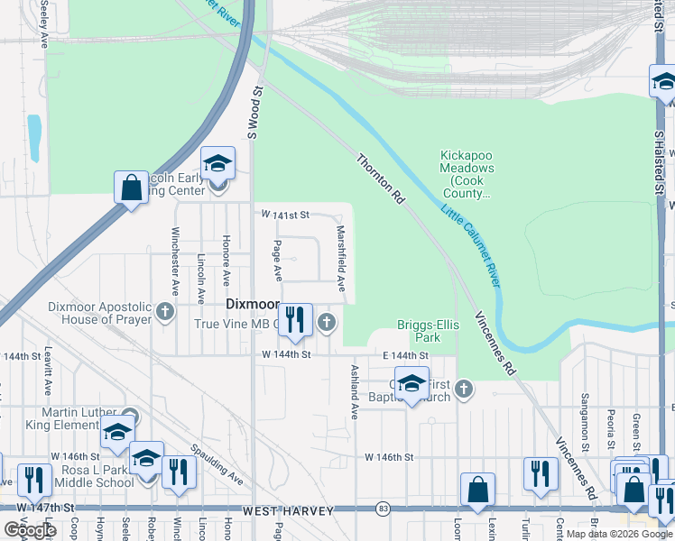 map of restaurants, bars, coffee shops, grocery stores, and more near 14222 Marshfield Avenue in Dixmoor