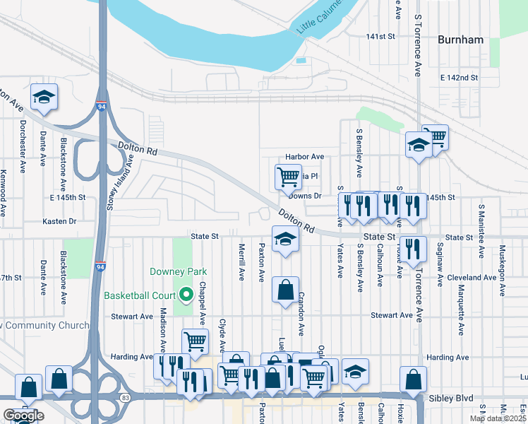 map of restaurants, bars, coffee shops, grocery stores, and more near 1701 Dolton Road in Calumet City