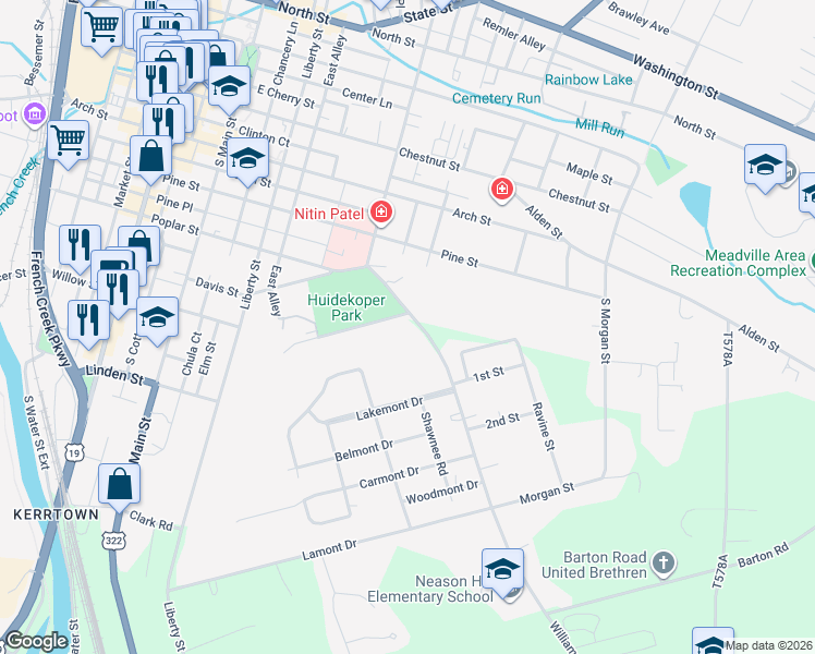 map of restaurants, bars, coffee shops, grocery stores, and more near 590-650 Williamson Road in Meadville