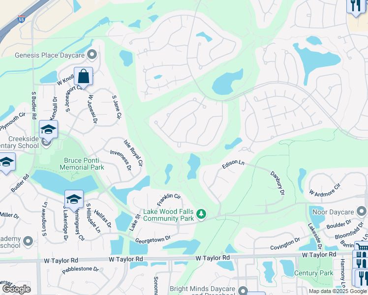 map of restaurants, bars, coffee shops, grocery stores, and more near 13945 South Rosemary Court in Plainfield
