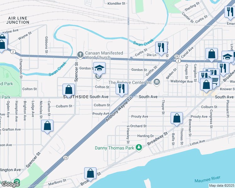 map of restaurants, bars, coffee shops, grocery stores, and more near 1156 South Avenue in Toledo