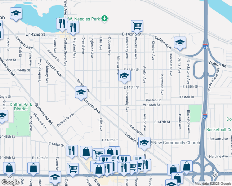 map of restaurants, bars, coffee shops, grocery stores, and more near 14516 Minerva Avenue in Dolton