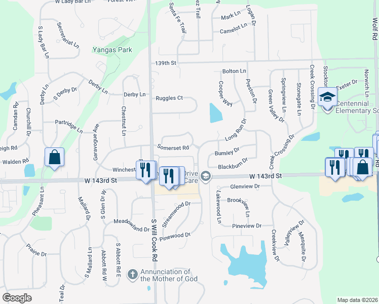 map of restaurants, bars, coffee shops, grocery stores, and more near 11855 Somerset Road in Orland Park
