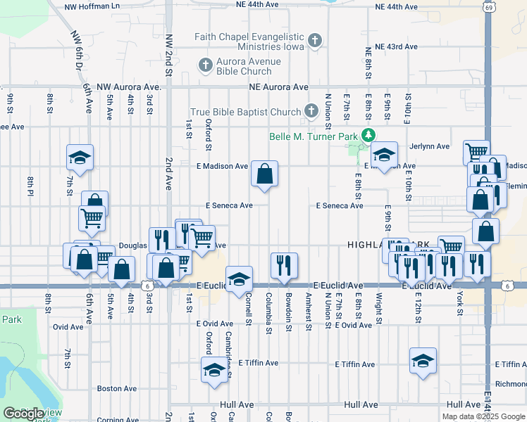 map of restaurants, bars, coffee shops, grocery stores, and more near 3841 Columbia Street in Des Moines