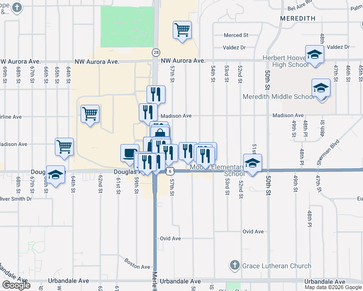 map of restaurants, bars, coffee shops, grocery stores, and more near 3845 57th Street in Des Moines