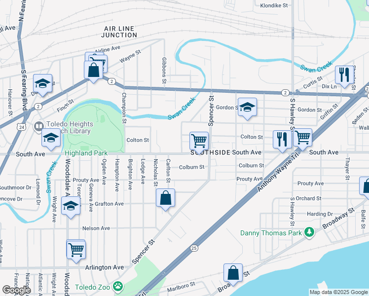 map of restaurants, bars, coffee shops, grocery stores, and more near 457 Wendell Street in Toledo