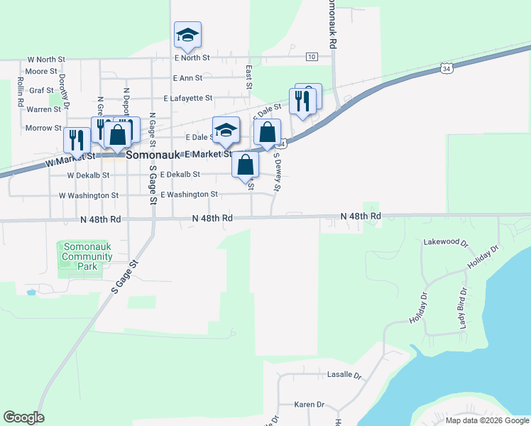 map of restaurants, bars, coffee shops, grocery stores, and more near 330 South Dewey Street in Somonauk