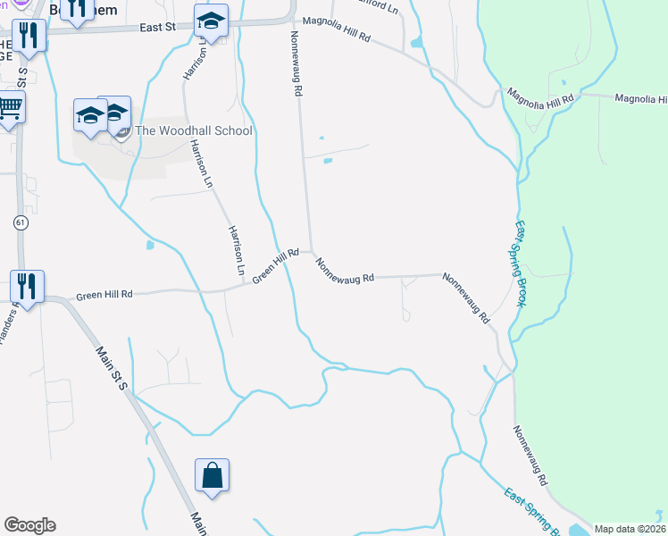 map of restaurants, bars, coffee shops, grocery stores, and more near 133 Nonnewaug Road in Bethlehem