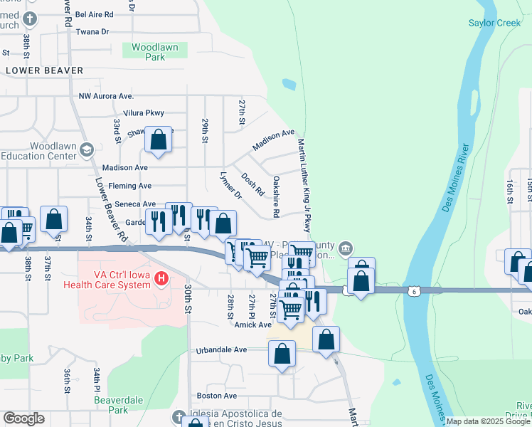 map of restaurants, bars, coffee shops, grocery stores, and more near 2701 Lynner Dr in Des Moines