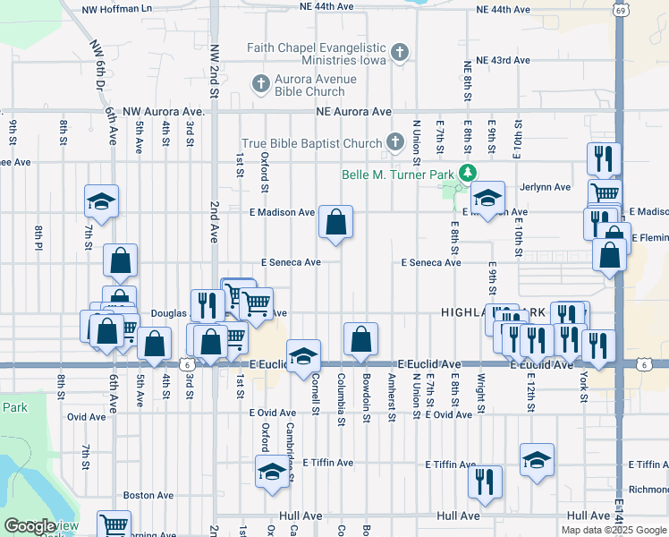 map of restaurants, bars, coffee shops, grocery stores, and more near 3841 Columbia Street in Des Moines