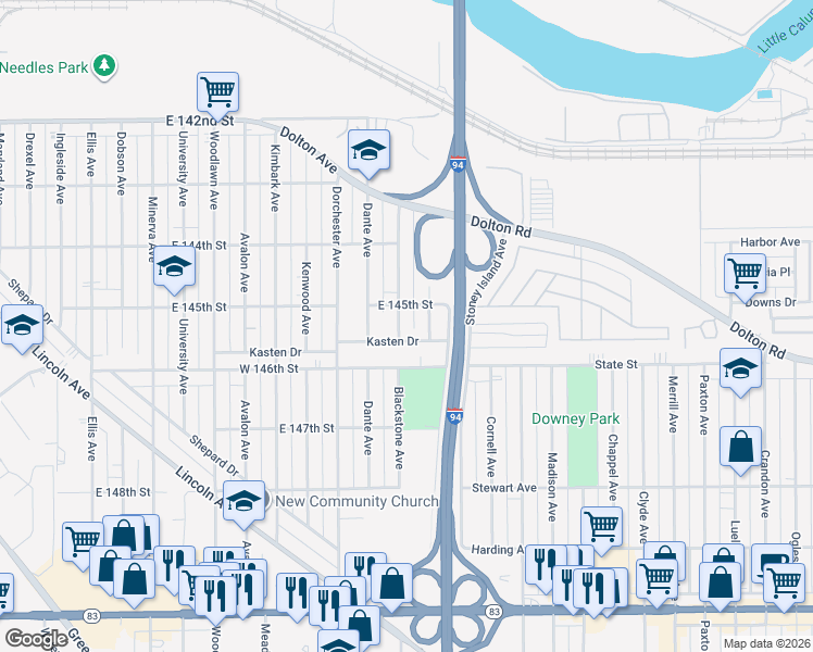 map of restaurants, bars, coffee shops, grocery stores, and more near 14515 Blackstone Avenue in Dolton