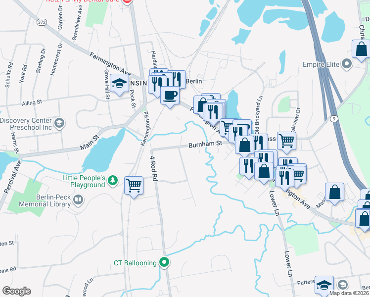 map of restaurants, bars, coffee shops, grocery stores, and more near 80 Burnham Street in Berlin